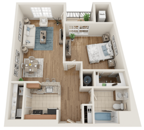 Floor plan for 1 bed, 1 bath, 790 sqft